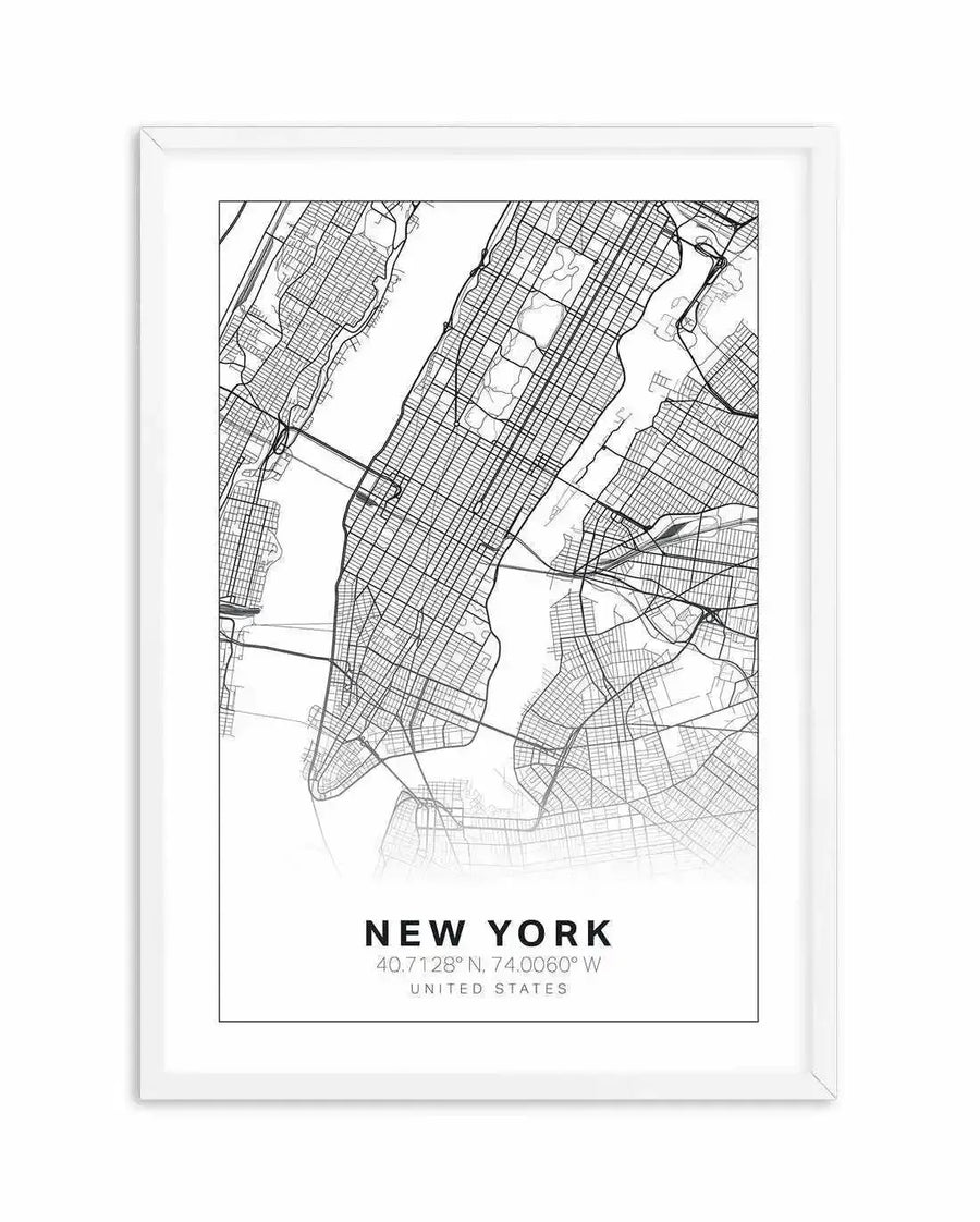 Line art map print of New York City, featuring a detailed street grid of Manhattan and surrounding boroughs, printed on fine art paper and displayed in a white frame with white border. The map is black and white, with the water bodies and land outlines clearly defined. Below the map, the text "NEW YORK" is displayed in large font, followed by "40.7128° N, 74.0060° W" and "UNITED STATES" in smaller font.