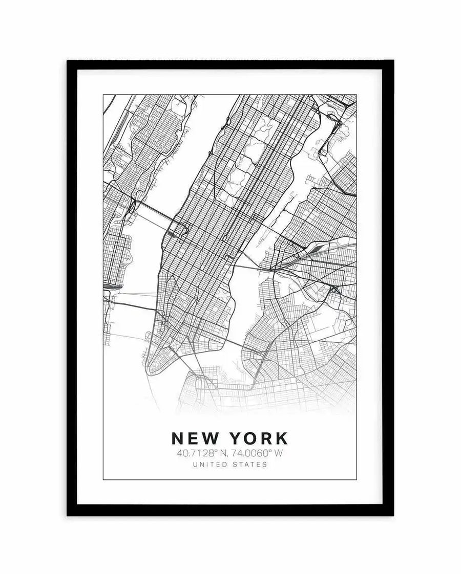 Line art map print of New York City in black and white, depicting the intricate grid of streets and waterways of Manhattan and surrounding boroughs, with the text "NEW YORK", "40.7128° N, 74.0060° W", and "UNITED STATES" at the bottom, displayed in a black frame with a white border.