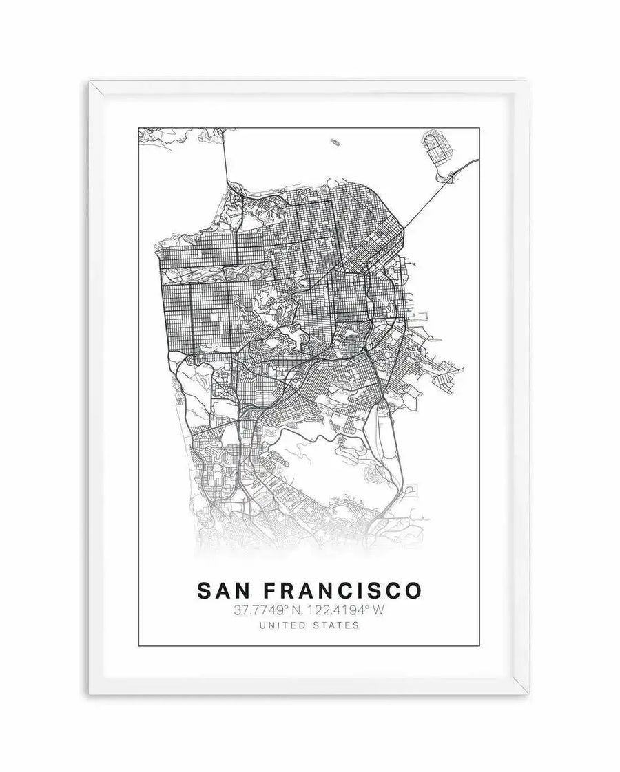 Line art map print of San Francisco, featuring a detailed street grid and topographical lines in black on a white background, displayed in a white frame with a white border. The print includes the text "SAN FRANCISCO" and coordinates "37.7749° N, 122.4194° W UNITED STATES" at the bottom.