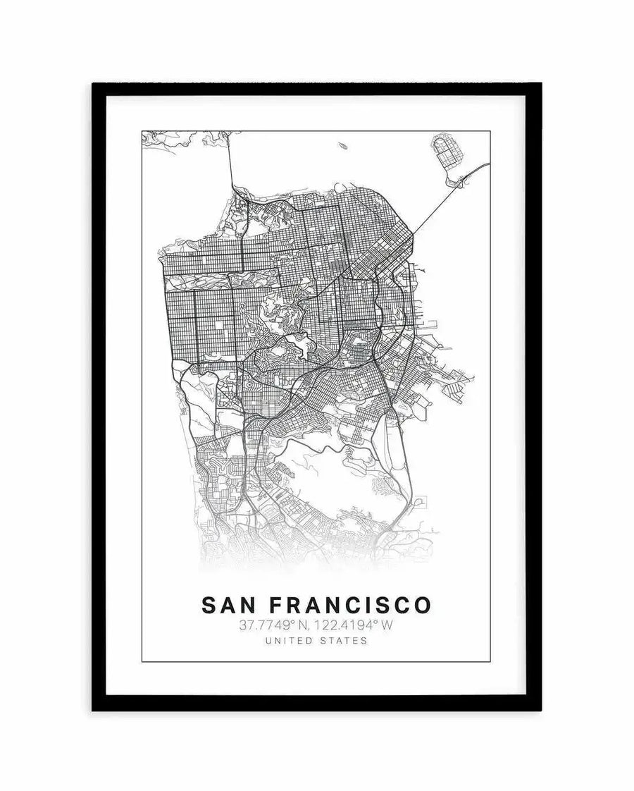 Line art map print of San Francisco, featuring a detailed street grid and coastline in black lines on a white background, printed on fine art paper and displayed in a black frame with white border. The print includes the city name "SAN FRANCISCO" and coordinates "37.7749° N, 122.4194° W UNITED STATES" in black text at the bottom.