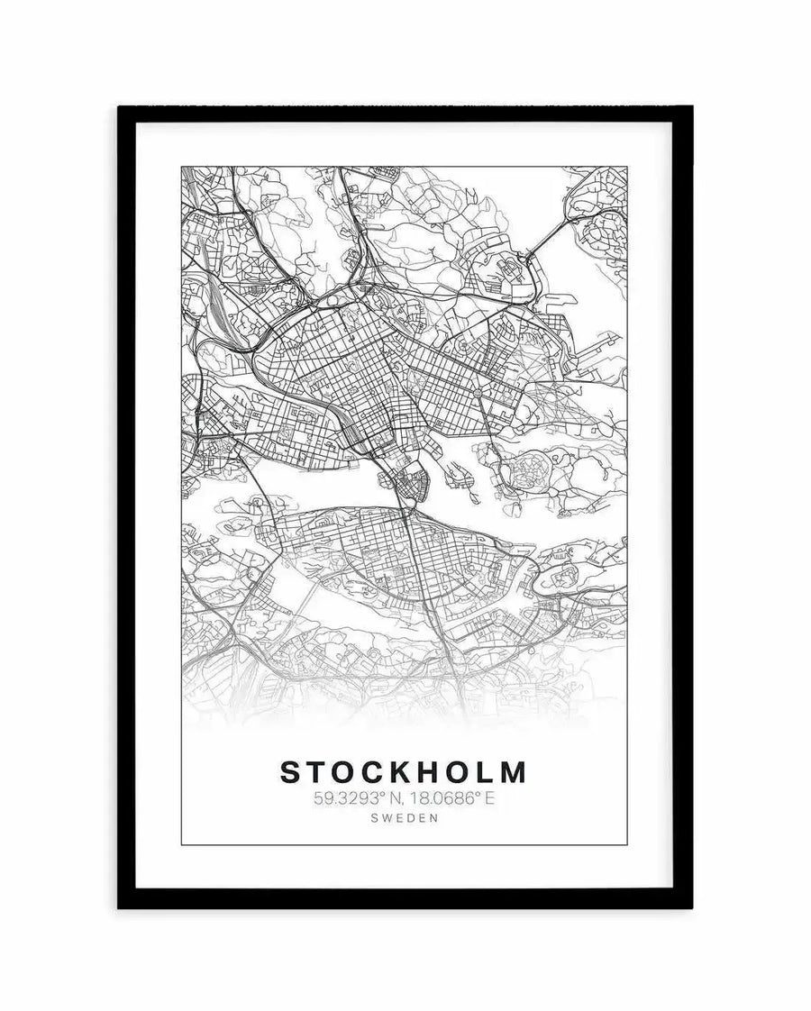 Line art map of Stockholm, Sweden, printed on fine art paper and displayed in a black frame with a white border. The map features a detailed street network in black lines against a white background, with a subtle gradient fade towards the bottom. Below the map, the text "STOCKHOLM", "59.3293° N, 18.0686° E", and "SWEDEN" is printed in black.