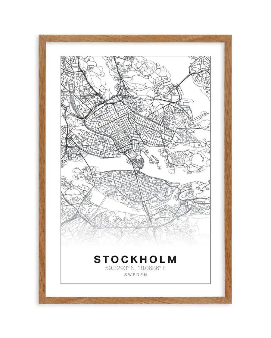 Line art map print of Stockholm, Sweden, featuring a detailed network of streets, waterways, and urban areas in black lines on a white background, displayed in a natural oak frame with white border. The print includes the text "STOCKHOLM", "59.3293° N, 18.0686° E", and "SWEDEN" at the bottom.