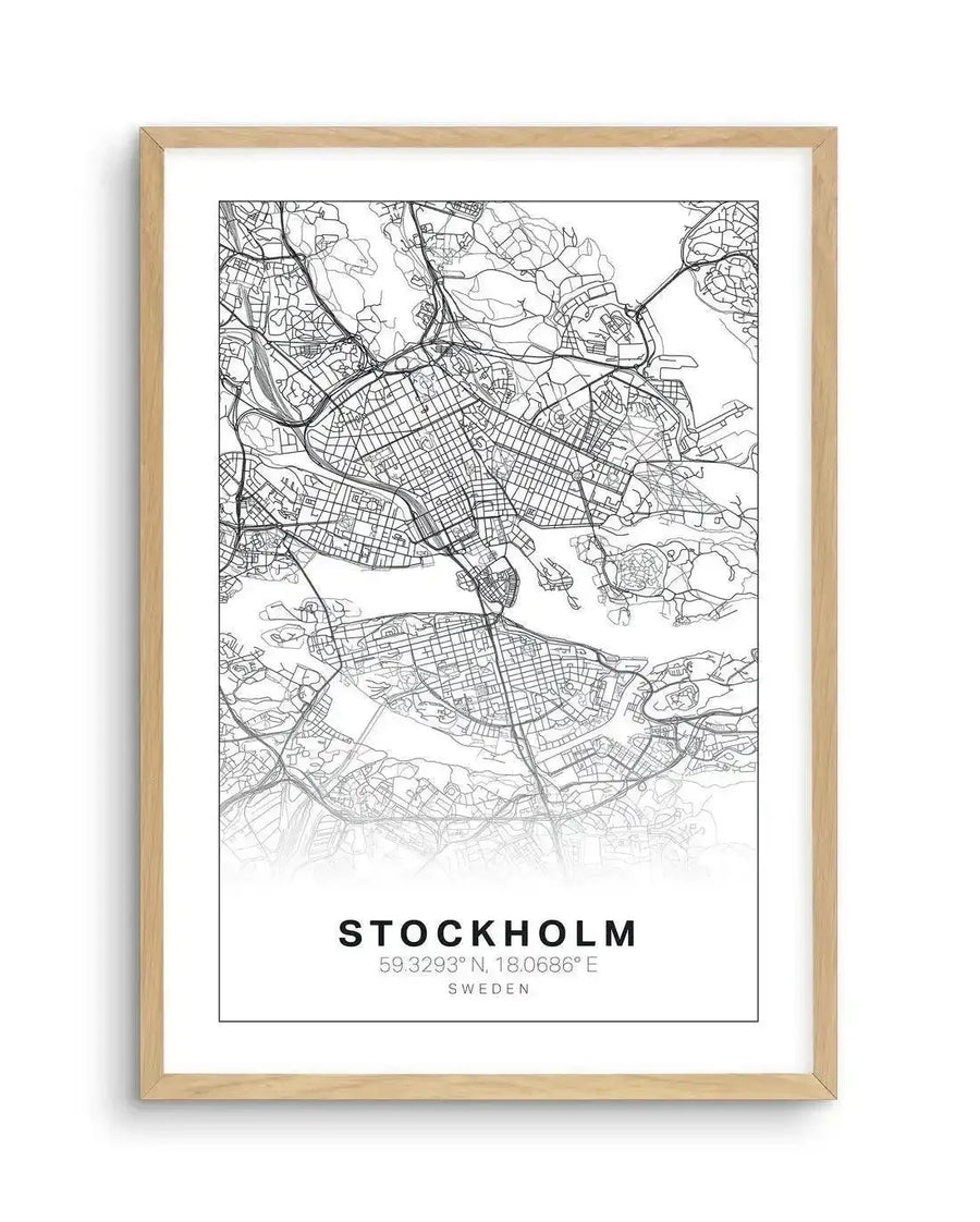 Line art map print of Stockholm, Sweden, displayed in a natural oak frame with white border. The map features a detailed black and white illustration of the city's streets, waterways, and urban areas, with a subtle gradient fading to white at the bottom. Below the map, the text "STOCKHOLM", "59.3293° N, 18.0686° E", and "SWEDEN" is printed in black.