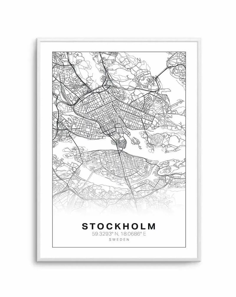 Line art map print of Stockholm, Sweden, featuring a detailed black and white illustration of the city's streets, waterways, and islands, with a white frame and white border. The print includes the city name "STOCKHOLM" in bold black text, followed by its coordinates "59.3293° N, 18.0686° E" and "SWEDEN" in smaller text at the bottom.