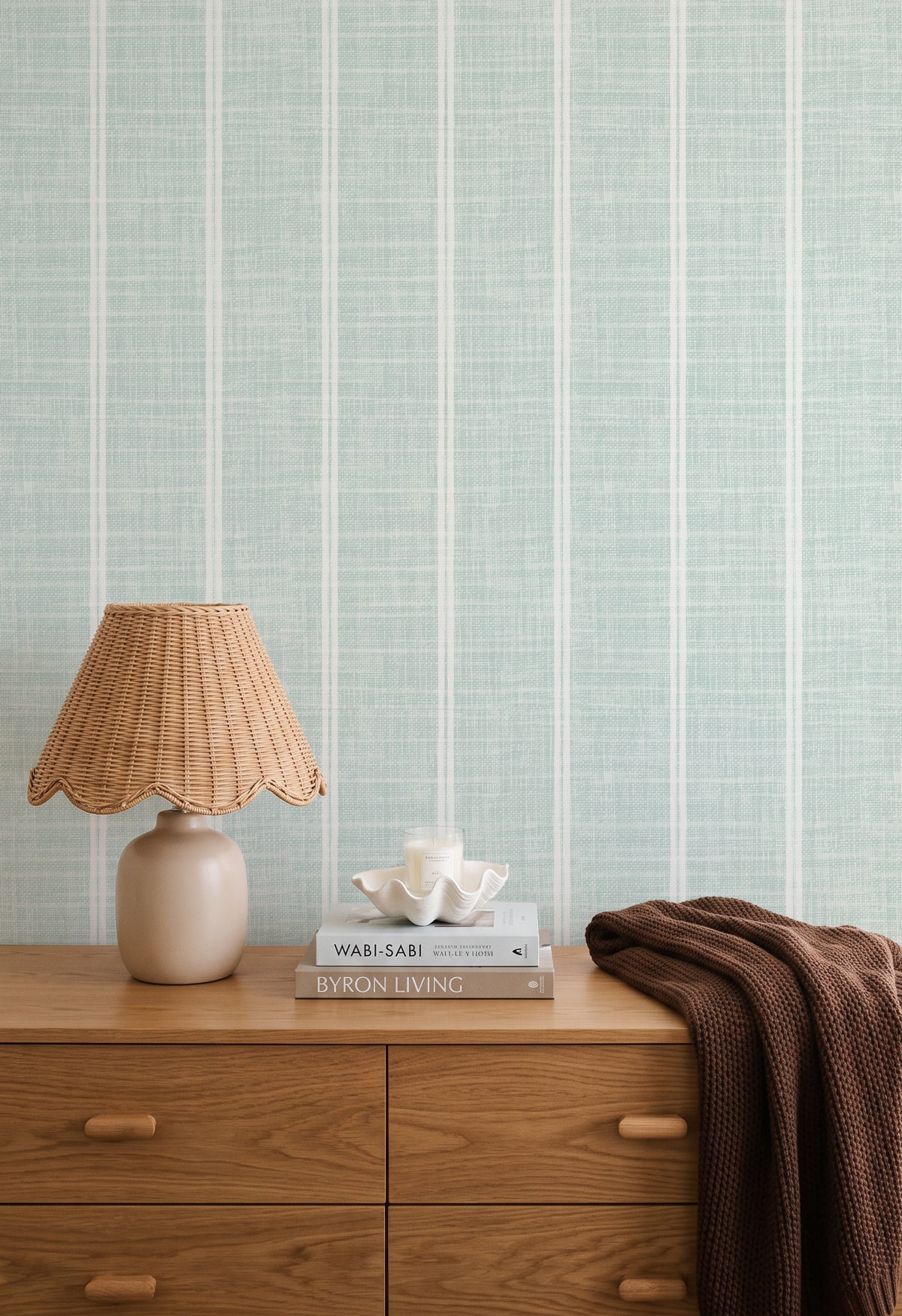Mist Blue Linen Double Stripe linen wallpaper in a calm bedroom with timber furniture