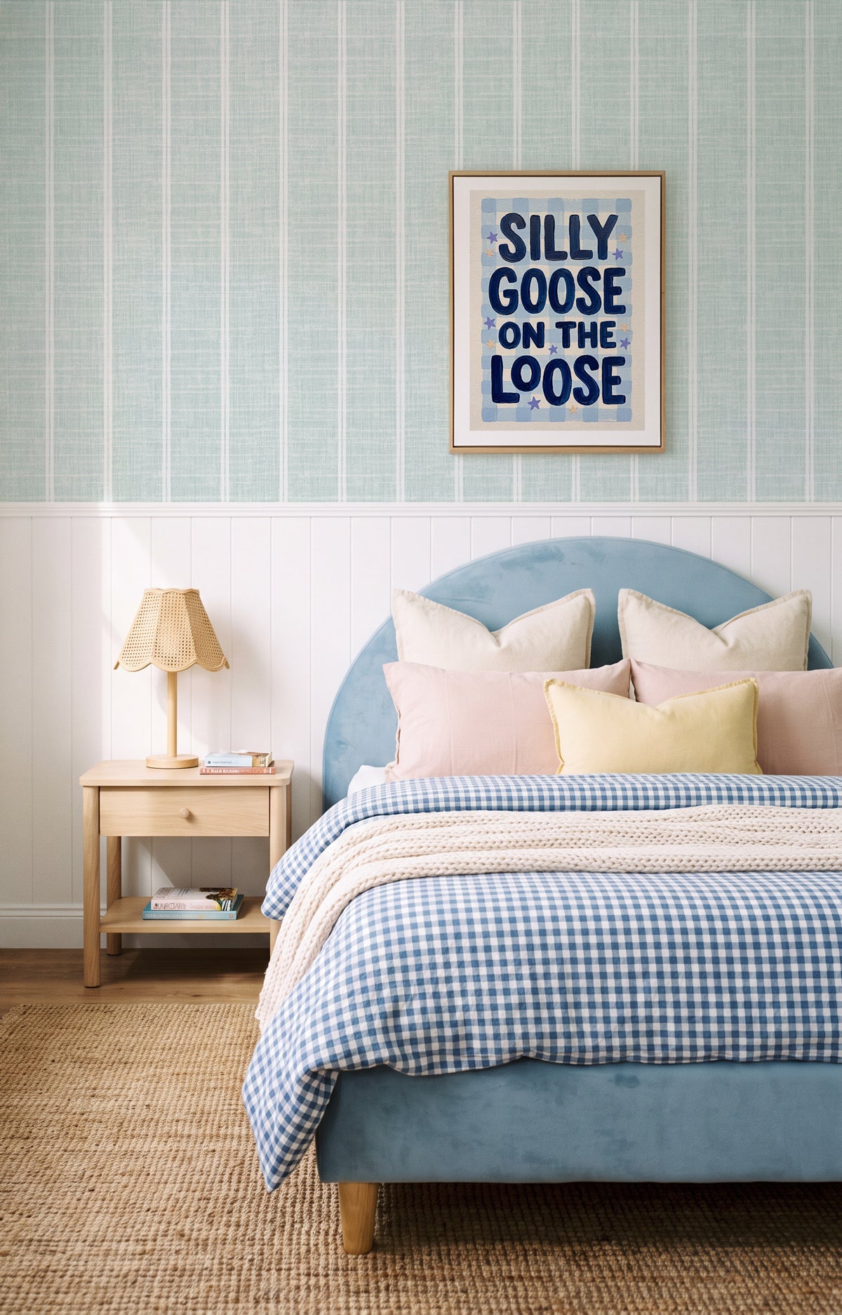 Mist Blue Linen Double Stripe linen wallpaper styled in a soft blue children's bedroom