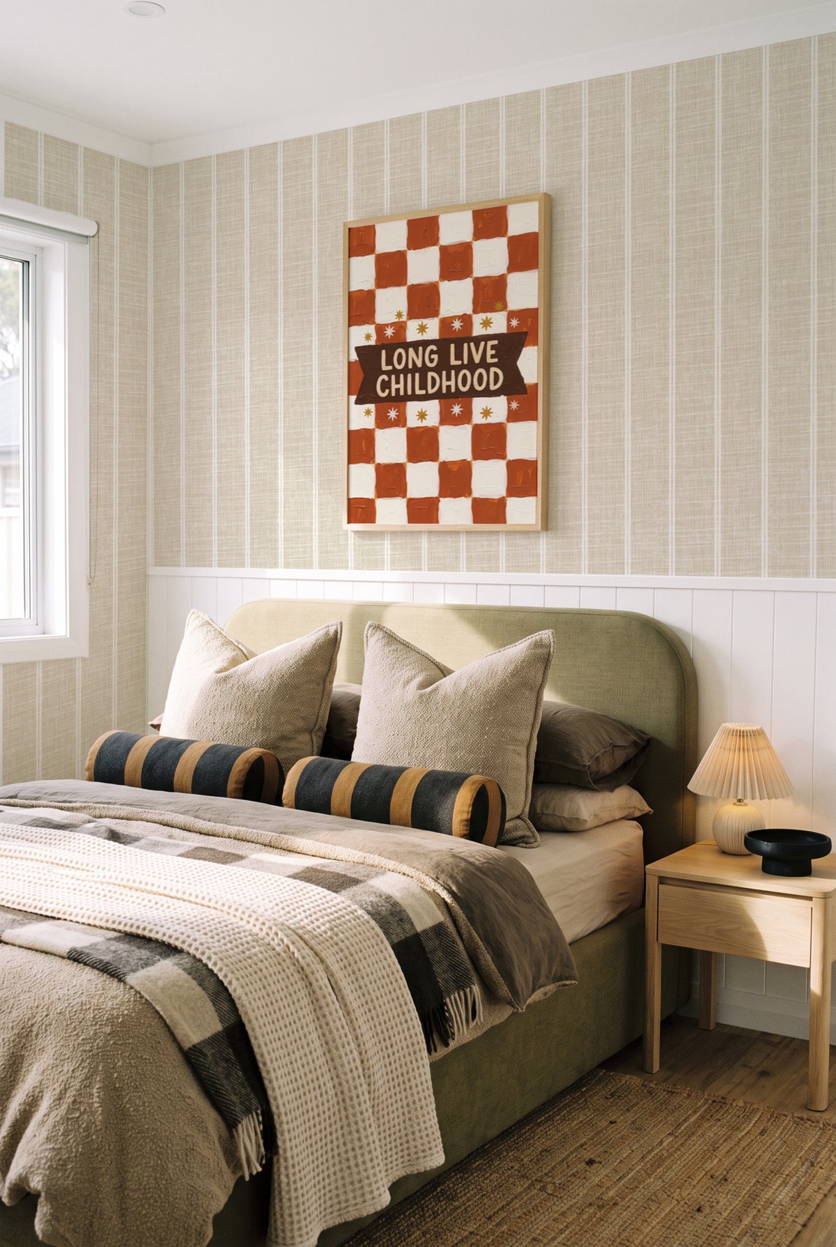 Oatmeal Linen Double Stripe linen wallpaper in a relaxed neutral bedroom