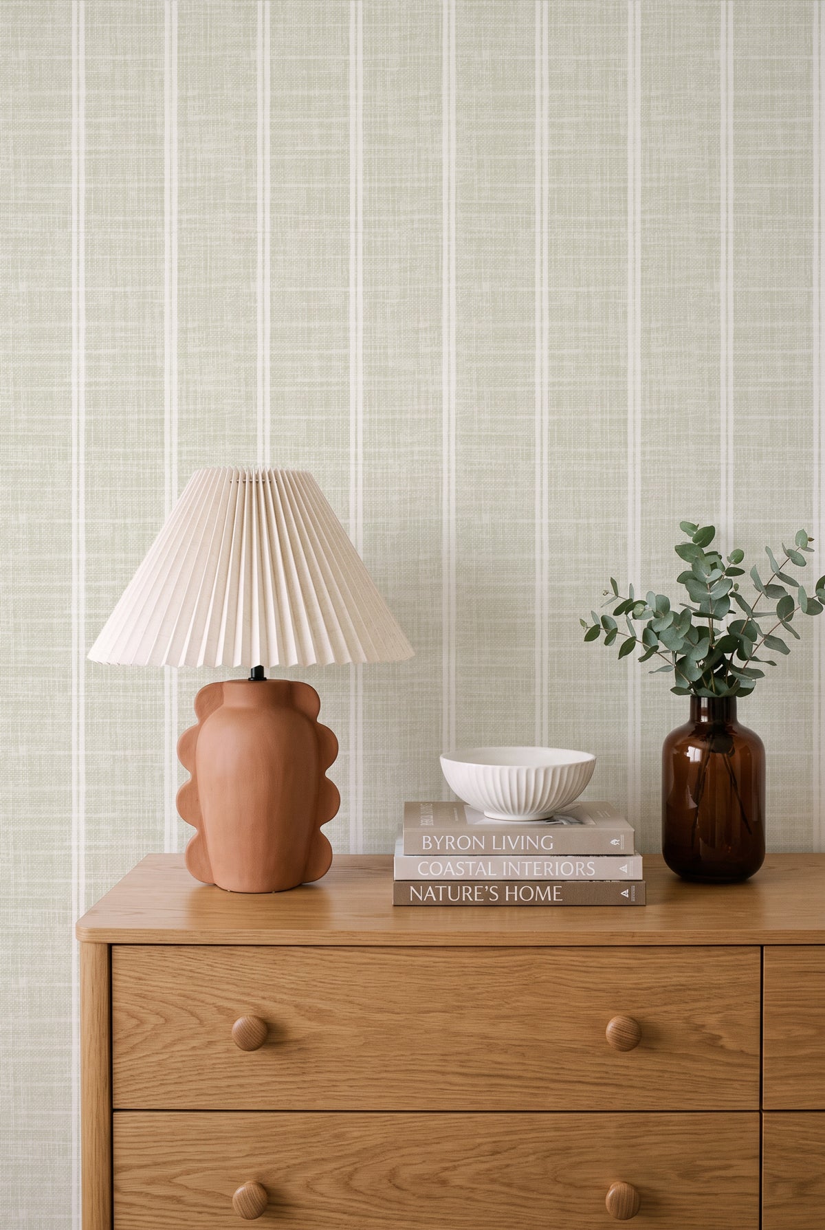 Sage Green Linen Double Stripe linen wallpaper with timber furniture and soft styling