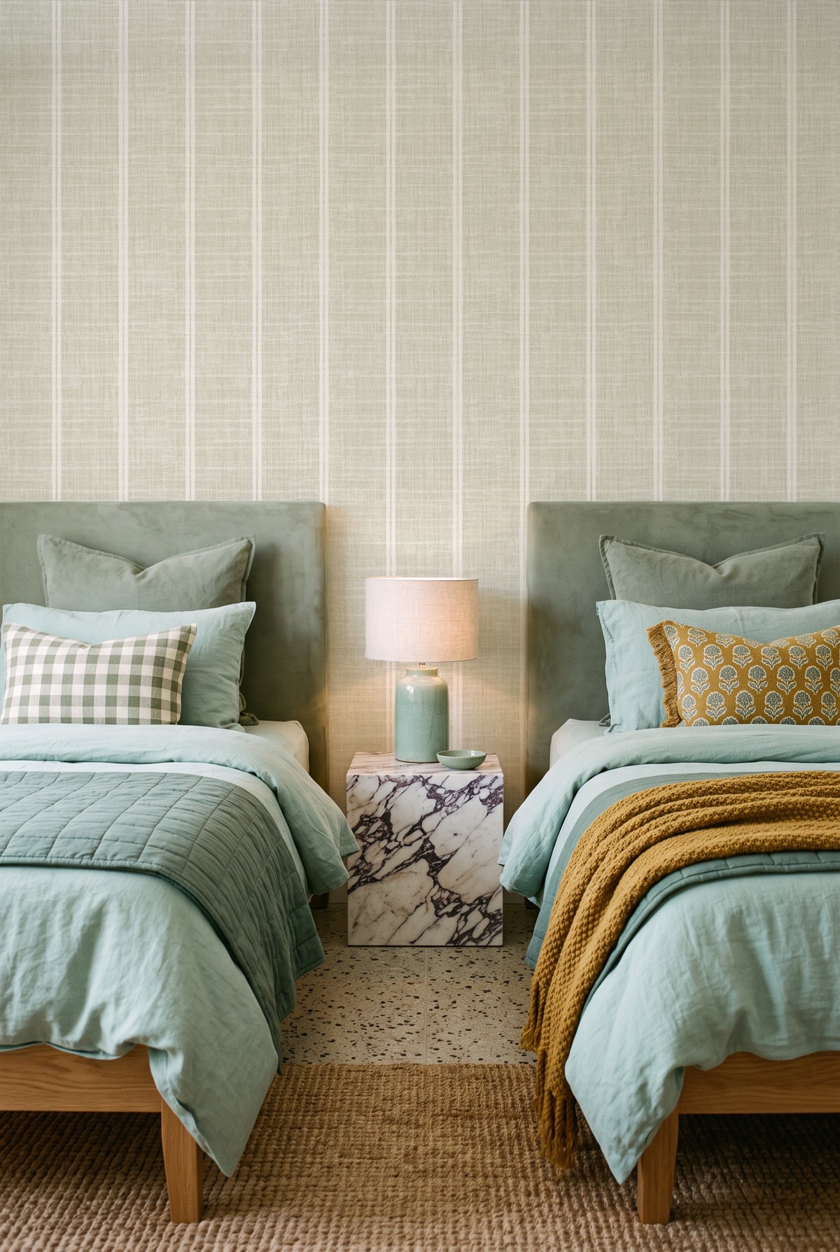 Sage Green Linen Double Stripe linen wallpaper styled in a twin children's bedroom