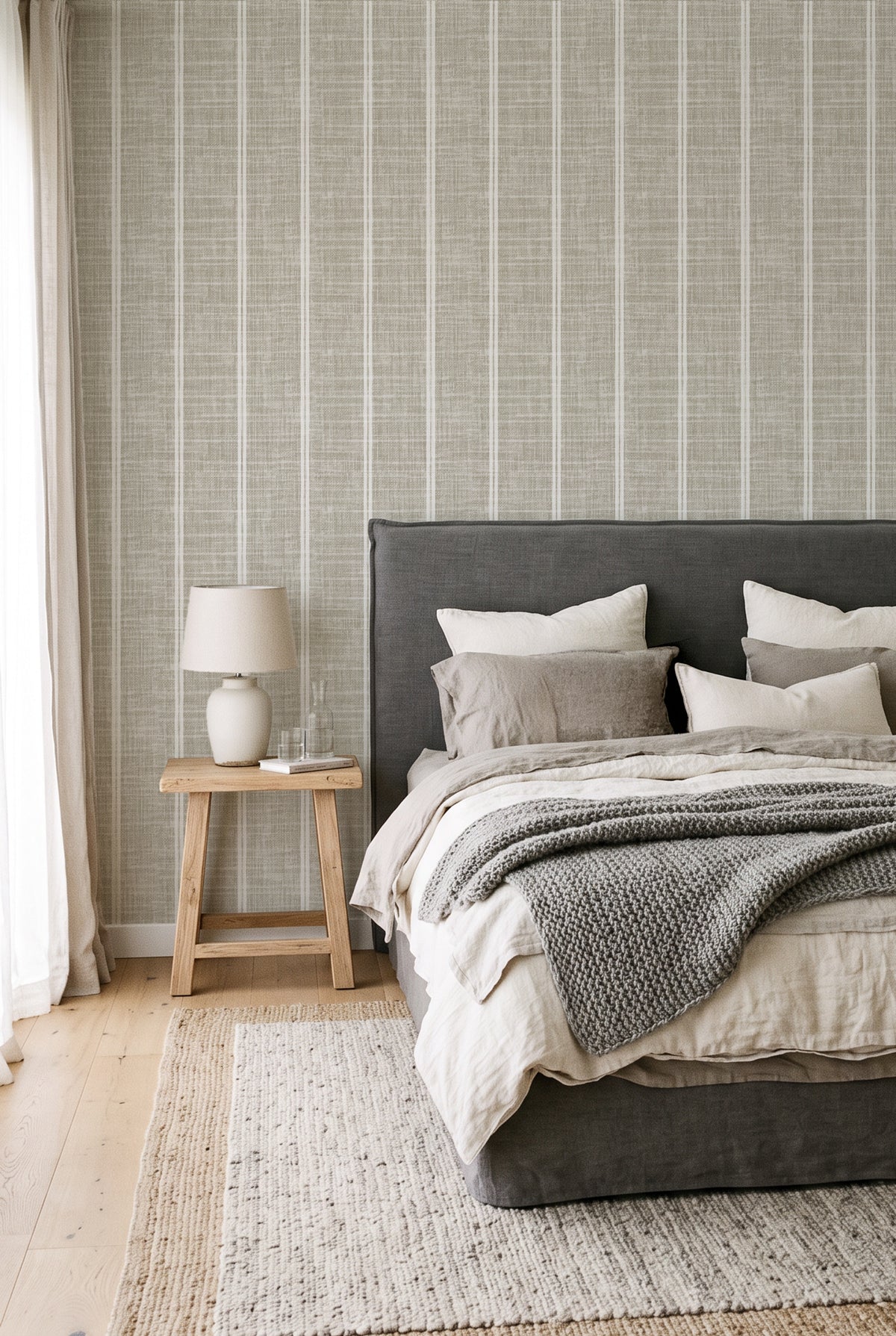 Warm Grey Linen Double Stripe linen wallpaper styled with a charcoal bed and natural rug