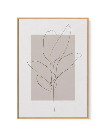 Framed canvas art print featuring a minimalist line drawing of a flowering plant with five petals outlined in dark gray ink. The plant stem extends from bottom to top with simplified leaf shapes along its length. Behind the line drawing is a soft beige rectangular shape on a white background. The canvas is set in a natural wood frame with a white border surrounding the artwork.