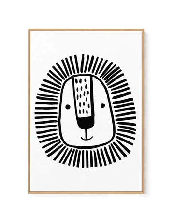 Black and white line illustration of a stylized lion head with a rounded face, two small dot eyes, and a simple curved smile. The lion's mane is depicted as radiating black lines extending outward in a circular pattern around the entire head. The mane area in the center features a textured rectangular section with vertical dashes. The artwork is printed on canvas and displayed in a natural wood frame with a white border.
