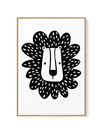 Black and white illustration of a stylized lion head with a minimalist geometric face featuring two dots for eyes and a simple curved line for the mouth. The mane is composed of oval shapes with white dash patterns throughout, creating a textured, decorative effect. The face has a cream or off-white color contrasting against the black mane. The artwork is printed on canvas and displayed in a natural wood frame with a white background.