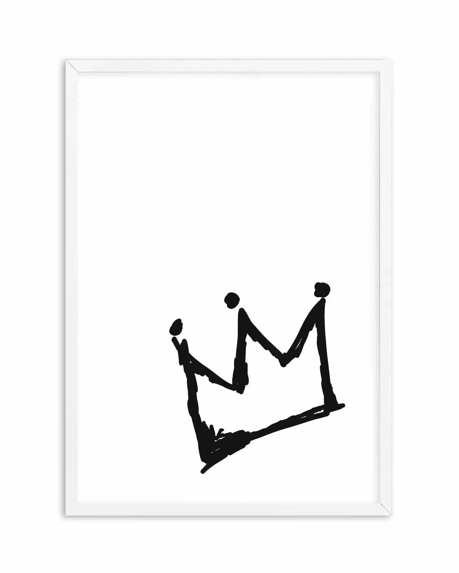 Black and white line drawing art print in a white frame featuring three minimalist stick figures forming a crown shape, with their raised arms and bodies creating the crown's silhouette. The figures are rendered in bold black ink strokes against a white background, creating a simple yet striking graphic illustration with a contemporary, sketch-like quality.
