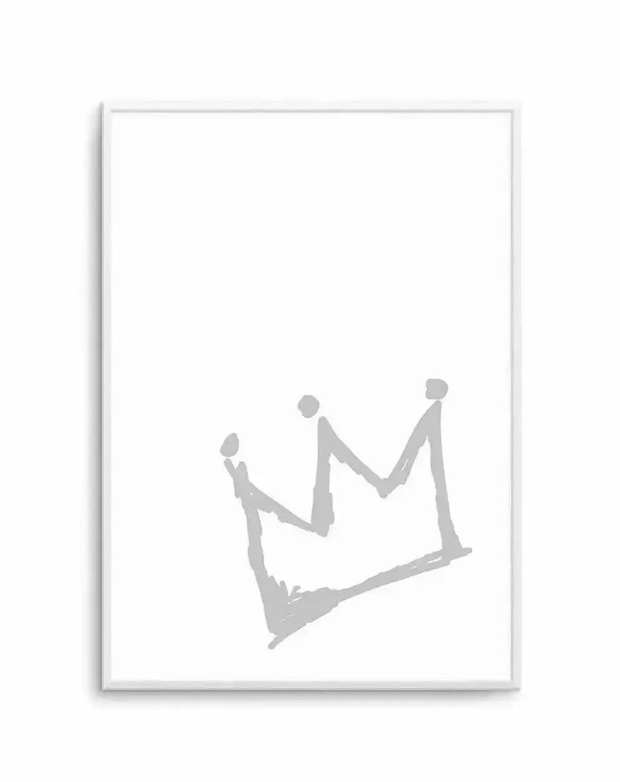 Art print featuring a hand-drawn, minimalist crown illustration in a light grey, chalk-like texture on a clean white background, displayed in a simple white frame with a white border.