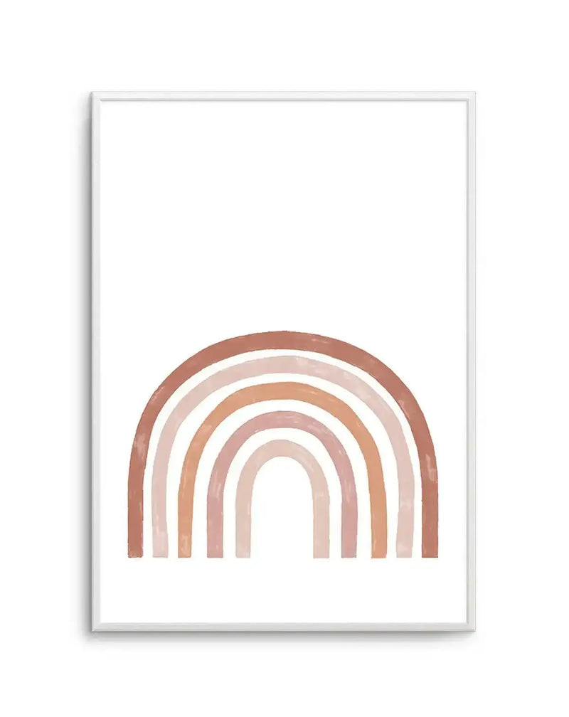 Watercolour art print featuring a rainbow with five arches in muted, earthy tones of terracotta, blush pink, peach, and light beige, with visible brushstroke texture, displayed in a white frame with white border.