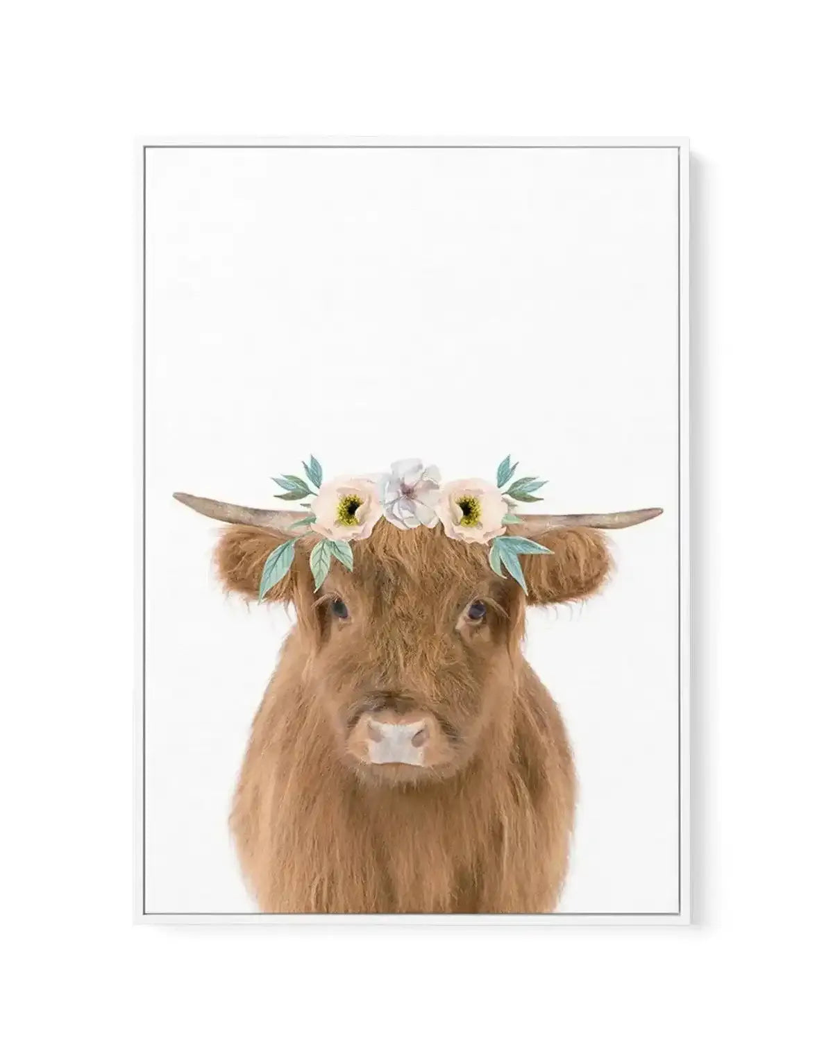 Little Highlander Cow | Flower Crown | Framed Canvas-CANVAS-You can shop wall art online with Olive et Oriel for everything from abstract art to fun kids wall art. Our beautiful modern art prints and canvas art are available from large canvas prints to wall art paintings and our proudly Australian artwork collection offers only the highest quality framed large wall art and canvas art Australia - You can buy fashion photography prints or Hampton print posters and paintings on canvas from Olive et