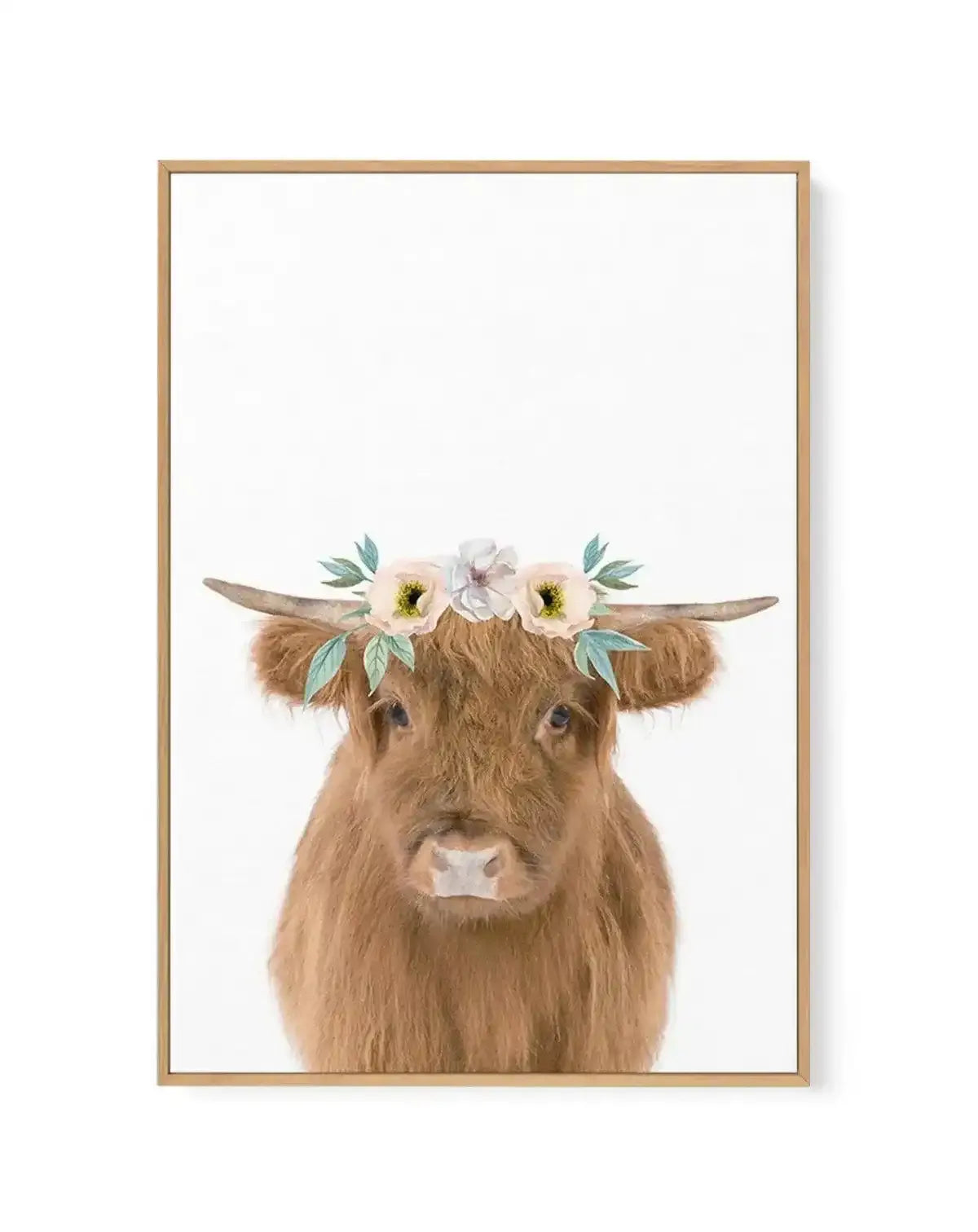 Little Highlander Cow | Flower Crown | Framed Canvas-CANVAS-You can shop wall art online with Olive et Oriel for everything from abstract art to fun kids wall art. Our beautiful modern art prints and canvas art are available from large canvas prints to wall art paintings and our proudly Australian artwork collection offers only the highest quality framed large wall art and canvas art Australia - You can buy fashion photography prints or Hampton print posters and paintings on canvas from Olive et