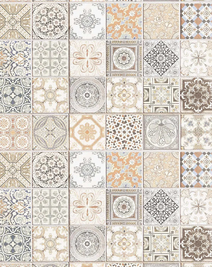 Peel and stick wallpaper featuring a repeating pattern of small, square tiles in a Moroccan style, with a mix of intricate geometric, floral, and medallion designs. The colour palette includes warm neutrals like cream, beige, and light brown, accented with soft blues, grays, and hints of rust orange. Each tile has a slightly distressed, aged appearance, suggesting a handcrafted or vintage quality, with visible texture and subtle variations in tone.