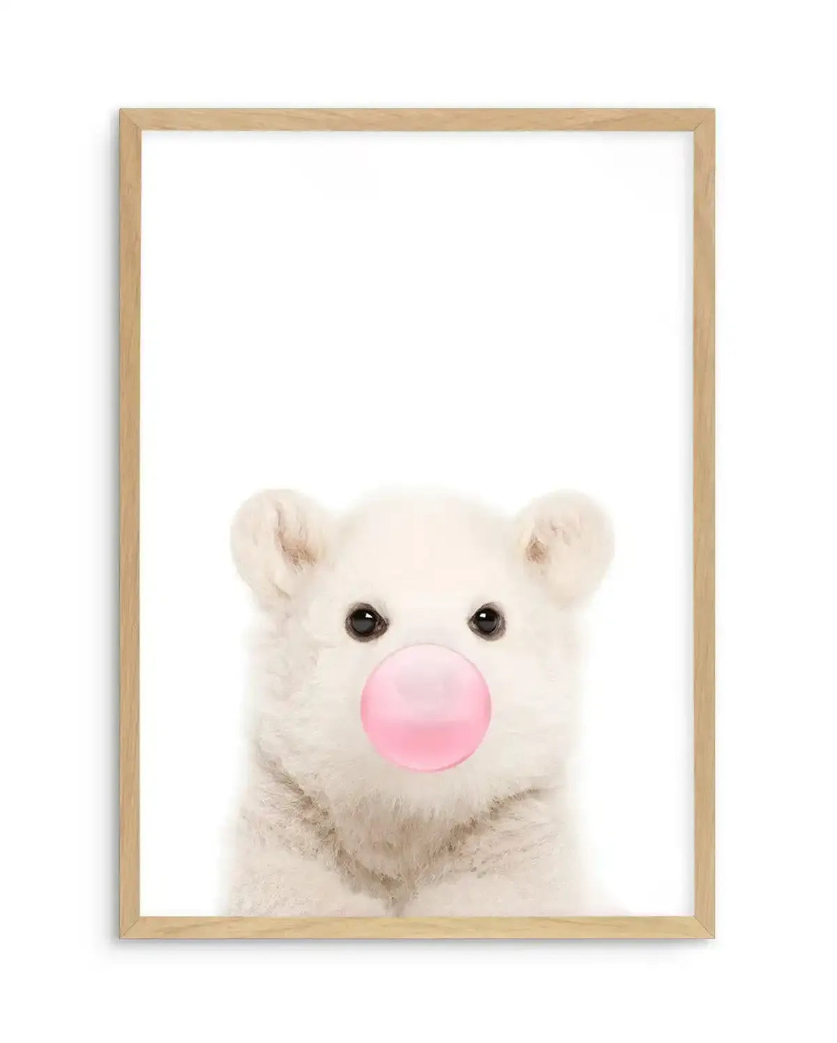 Little Polar Bear | Blowing Pink Bubble Art Print-PRINT-Olive et Oriel-Olive et Oriel-A5 | 5.8" x 8.3" | 14.8 x 21cm-Oak-With White Border-Buy-Australian-Art-Prints-Online-with-Olive-et-Oriel-Your-Artwork-Specialists-Austrailia-Decorate-With-Coastal-Photo-Wall-Art-Prints-From-Our-Beach-House-Artwork-Collection-Fine-Poster-and-Framed-Artwork