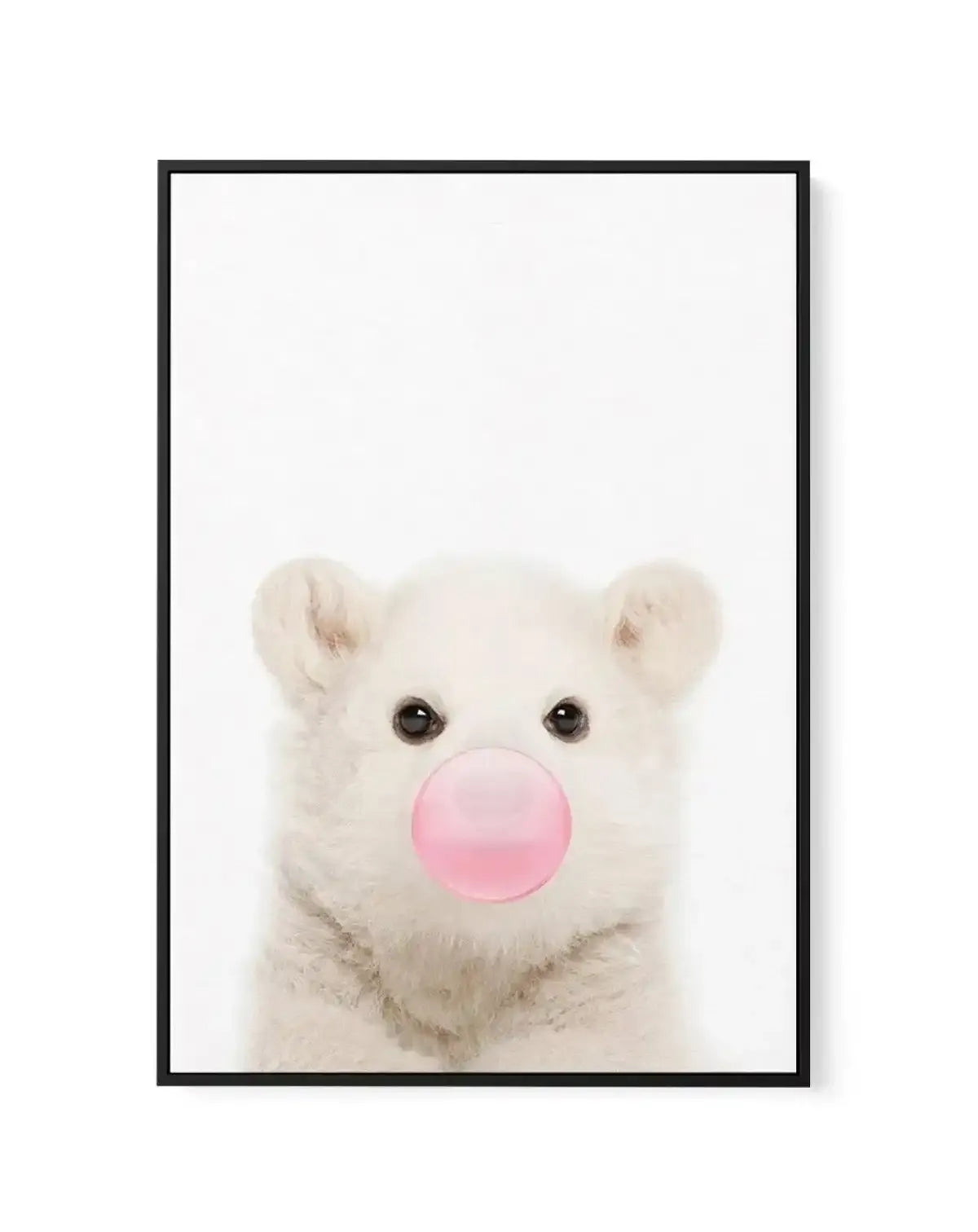 Little Polar Bear | Blowing Pink Bubble | Framed Canvas-CANVAS-You can shop wall art online with Olive et Oriel for everything from abstract art to fun kids wall art. Our beautiful modern art prints and canvas art are available from large canvas prints to wall art paintings and our proudly Australian artwork collection offers only the highest quality framed large wall art and canvas art Australia - You can buy fashion photography prints or Hampton print posters and paintings on canvas from Olive