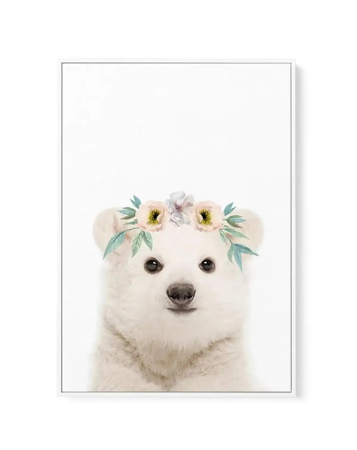 Little Polar Bear | Flower Crown | Framed Canvas-CANVAS-You can shop wall art online with Olive et Oriel for everything from abstract art to fun kids wall art. Our beautiful modern art prints and canvas art are available from large canvas prints to wall art paintings and our proudly Australian artwork collection offers only the highest quality framed large wall art and canvas art Australia - You can buy fashion photography prints or Hampton print posters and paintings on canvas from Olive et Ori