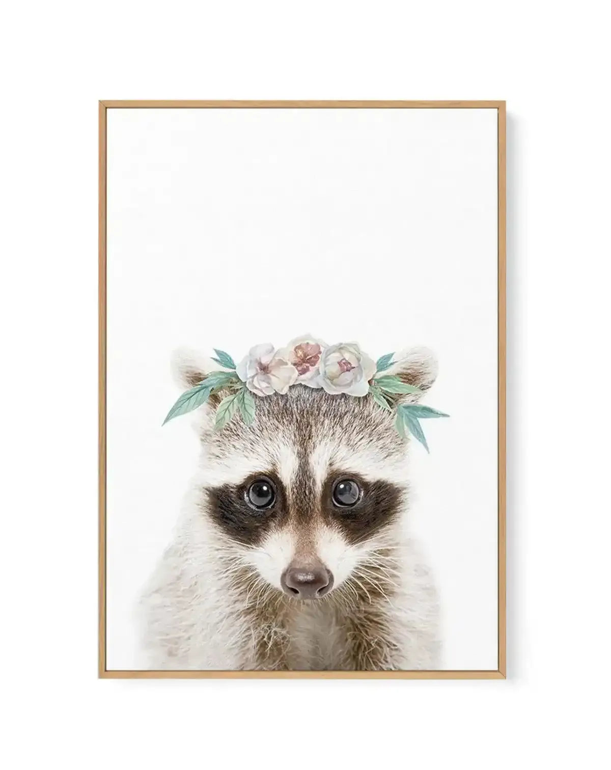 Little Raccoon | Flower Crown | Framed Canvas-CANVAS-You can shop wall art online with Olive et Oriel for everything from abstract art to fun kids wall art. Our beautiful modern art prints and canvas art are available from large canvas prints to wall art paintings and our proudly Australian artwork collection offers only the highest quality framed large wall art and canvas art Australia - You can buy fashion photography prints or Hampton print posters and paintings on canvas from Olive et Oriel 