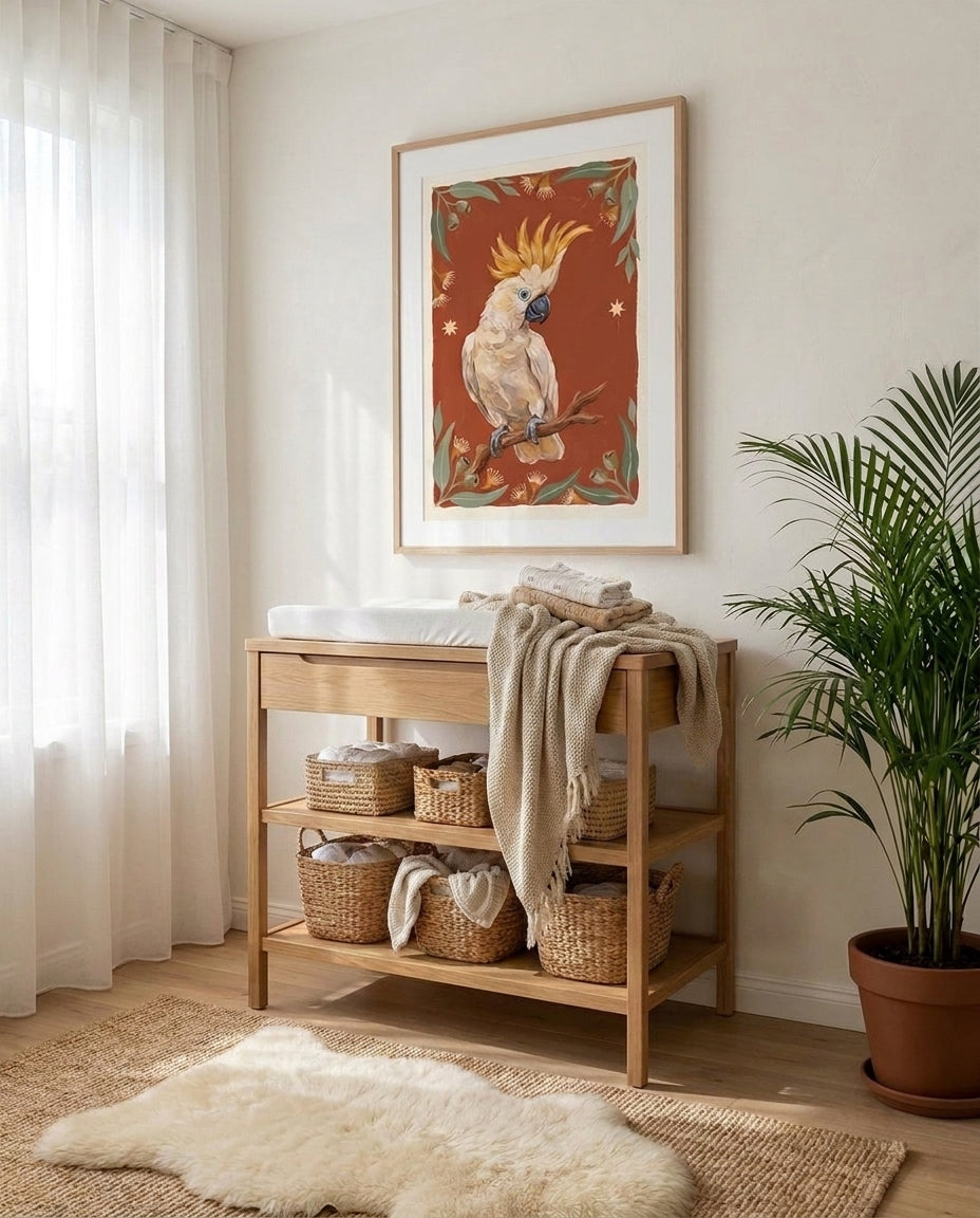 Little Ripper Cockatoo nursery art print framed and styled on the wall of a coastal Australian baby room at Olive et Oriel