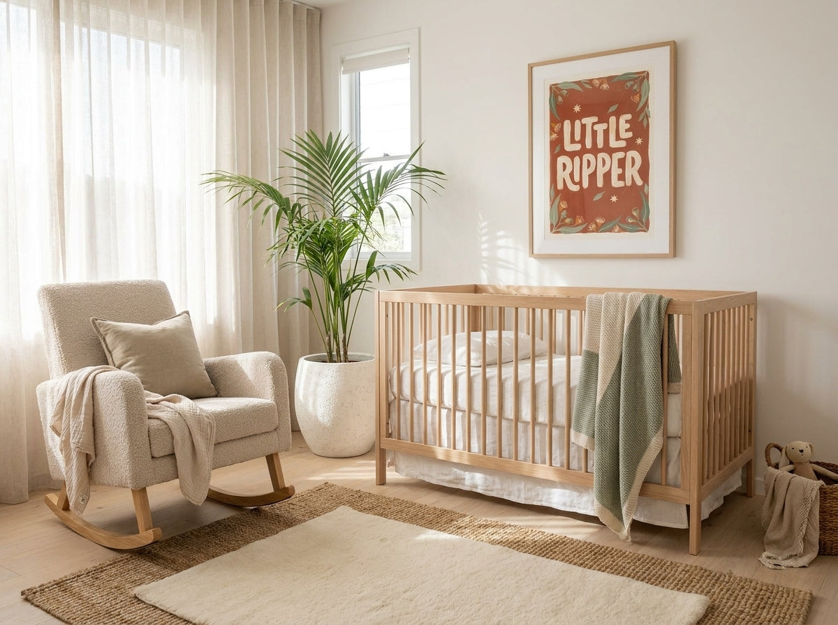 Little Ripper nursery art print framed and styled on the wall of a coastal Australian baby room at Olive et Oriel