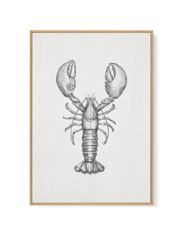 Detailed black ink illustration of a lobster centered on natural linen canvas, rendered in classical engraving style with fine crosshatching. The lobster features two large claws raised upward, segmented body with detailed plating, and multiple walking legs. Mounted in a light natural wood frame with white border, displayed against a white background.