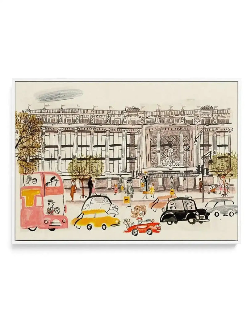 Framed canvas print featuring a whimsical illustration of a bustling London street scene with a large, ornate building in the background. The artwork depicts a red double-decker bus, a yellow car, a black taxi, and a red convertible with a woman and gifts, all in a loose, hand-drawn style with watercolour accents. Pedestrians are visible on the sidewalk in front of the building, which has numerous windows and architectural details, all displayed in a white frame.