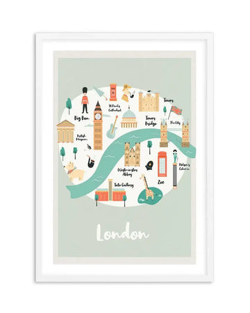 London map illustration art print featuring iconic landmarks in a whimsical, cartoon-like style on a pale mint green background, displayed in a white frame with a white border. The map includes Big Ben, British Museum, St Paul's Cathedral, Tower, Tower Bridge, Westminster Abbey, Tate Gallery, Zoo, Nelson's Column, and a red telephone box, with a light blue river winding through the center.