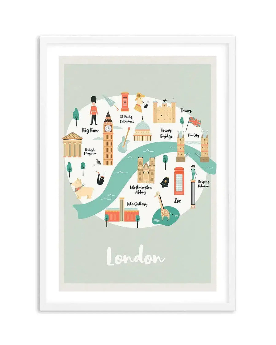 London map illustration art print featuring iconic landmarks in a whimsical, cartoon-like style on a pale mint green background, displayed in a white frame with a white border. The map includes Big Ben, British Museum, St Paul's Cathedral, Tower, Tower Bridge, Westminster Abbey, Tate Gallery, Zoo, Nelson's Column, and a red telephone box, with a light blue river winding through the center.