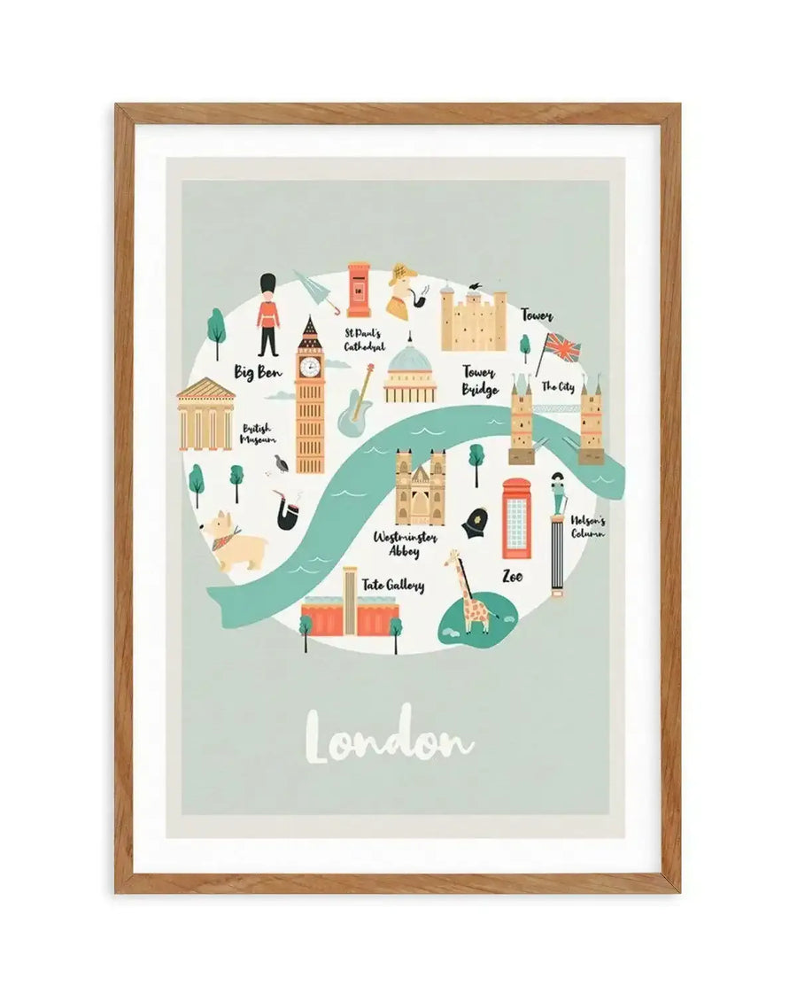 "Illustrated map art print of London, featuring iconic landmarks and figures in a whimsical, childlike style with a muted pastel colour palette on a light sage green background, displayed in a natural wood frame with white border. The illustration includes Big Ben, British Museum, St. Paul's Cathedral, Tower Bridge, Tower of London, Westminster Abbey, Tate Gallery, Nelson's Column, a red telephone box, a London bus, a guard, a corgi, and a giraffe."