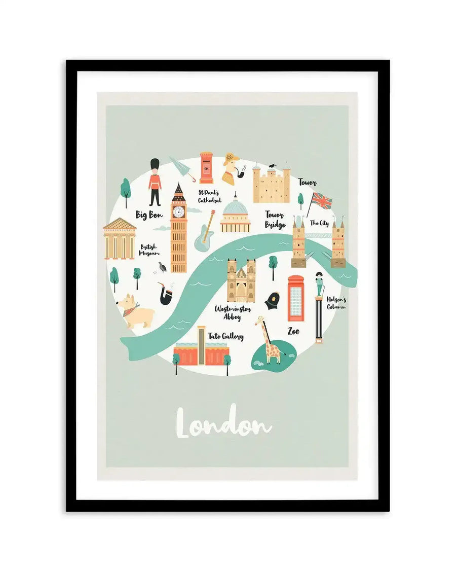 London map illustration art print featuring iconic landmarks and symbols of London on a pale mint green background, displayed in a black frame with white border. The illustration includes Big Ben, British Museum, St Paul's Cathedral, Tower, Tower Bridge, The City, Westminster Abbey, Tate Gallery, Zoo, and Nelson's Column, with a winding blue river representing the Thames.