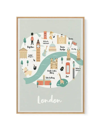 Gallery-wrapped canvas print featuring a whimsical illustrated map of London in a light grey frame. The map is rendered in a soft colour palette of muted greens, blues, creams, and terracotta, depicting iconic landmarks such as Big Ben, the British Museum, St. Paul's Cathedral, the Tower of London, Tower Bridge, Westminster Abbey, Tate Gallery, London Zoo, and Nelson's Column, with the River Thames winding through the centre.