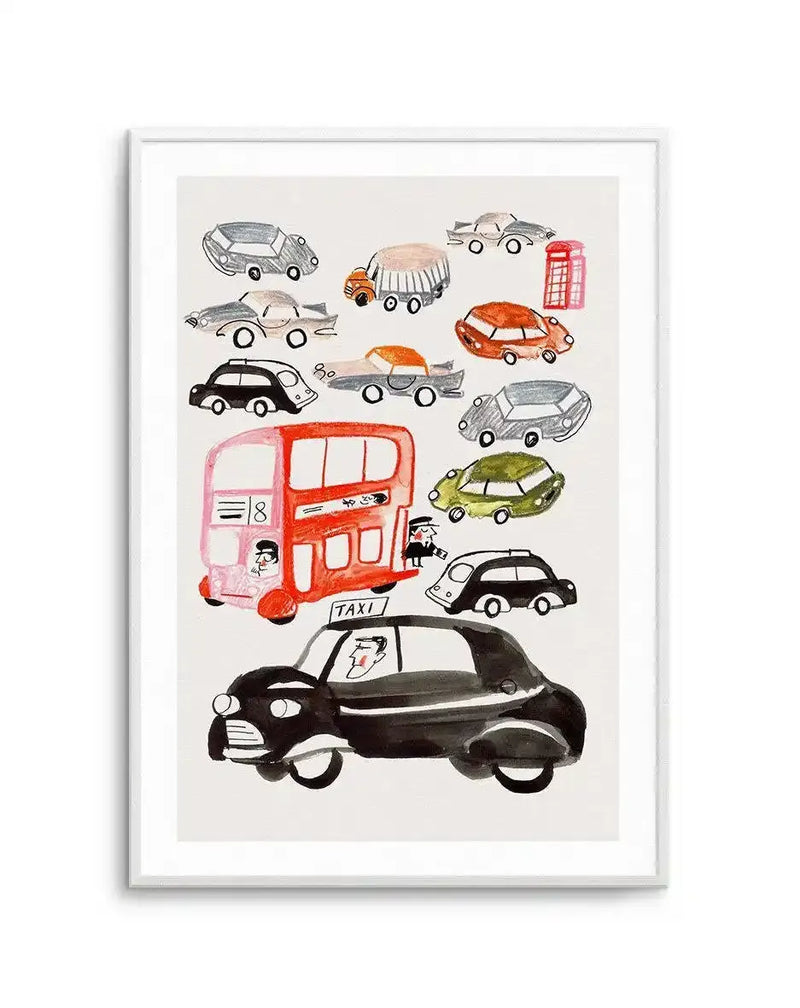 Watercolour art print featuring a playful illustration of various vehicles in London, including a red double-decker bus with "18" on the front, a black taxi cab with "TAXI" on its roof, and a red telephone booth, all rendered with a loose, hand-drawn quality and displayed in a white frame.