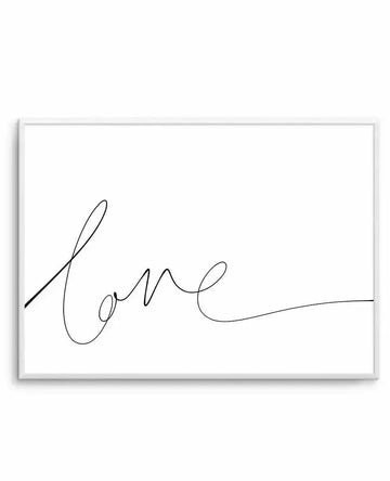 Hand-scripted art print featuring the word "Love" written in flowing, continuous cursive handwriting in black ink on a white background. The script is loose and organic with elegant loops and flourishes, positioned in the center-left area of the composition. The artwork is displayed in a light gray frame with a white border.