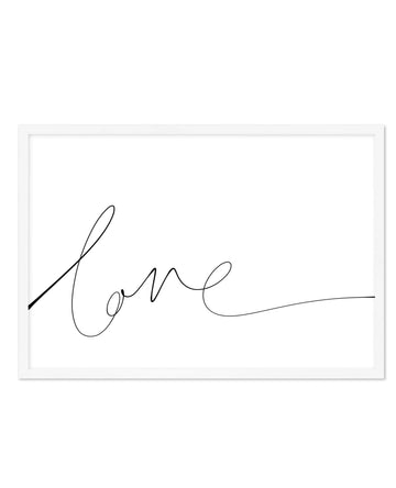 Hand-scripted art print featuring the word "Love" written in elegant, flowing cursive handwriting with continuous pen strokes. The design uses black ink on a white background, with organic, sweeping letterforms that create a minimalist aesthetic. The artwork is displayed in a white frame with a white border.