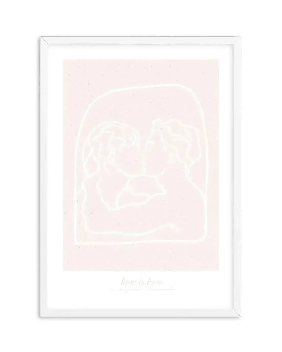 Line art print featuring two figures in profile, facing each other in an embrace, outlined in white against a soft blush pink background, displayed in a white frame with white border.