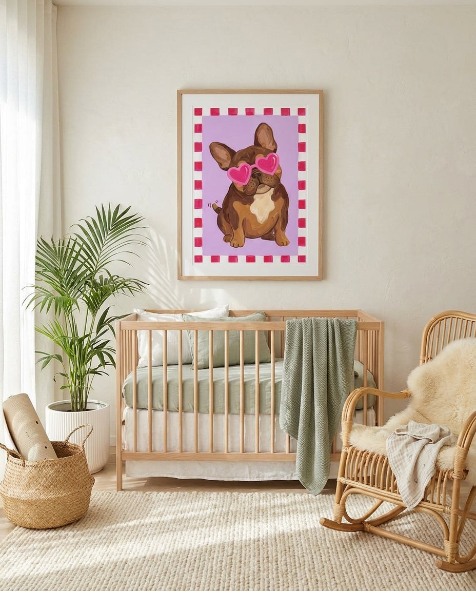 Love Pup nursery art print framed and styled on the wall of a coastal Australian baby room at Olive et Oriel