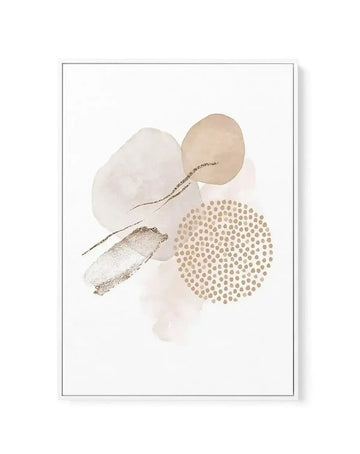 Framed canvas art print featuring abstract composition in soft neutral tones of cream, beige, and taupe. Design includes two circular shapes, organic brushstroke elements, a textured rectangular form with metallic accents, and a large circle filled with regular dot pattern. Artwork has a minimalist, contemporary aesthetic with watercolor-like washes and mixed media techniques. Gray frame with white border around the canvas.