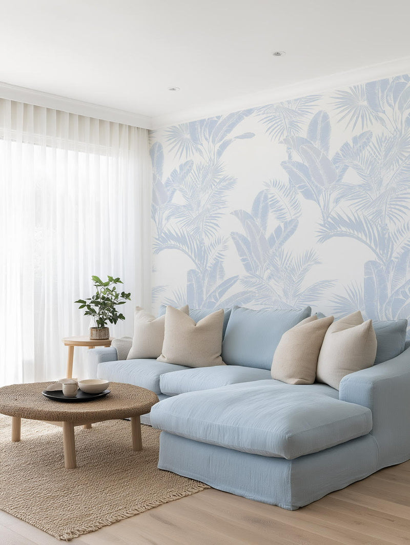 Luxe Tropical in Light Blue Wallpaper from Olive et Oriel where you can shop wallpaper and artworks online