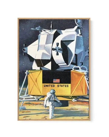 Man on the Moon | Framed Canvas Art Print blue orange art print