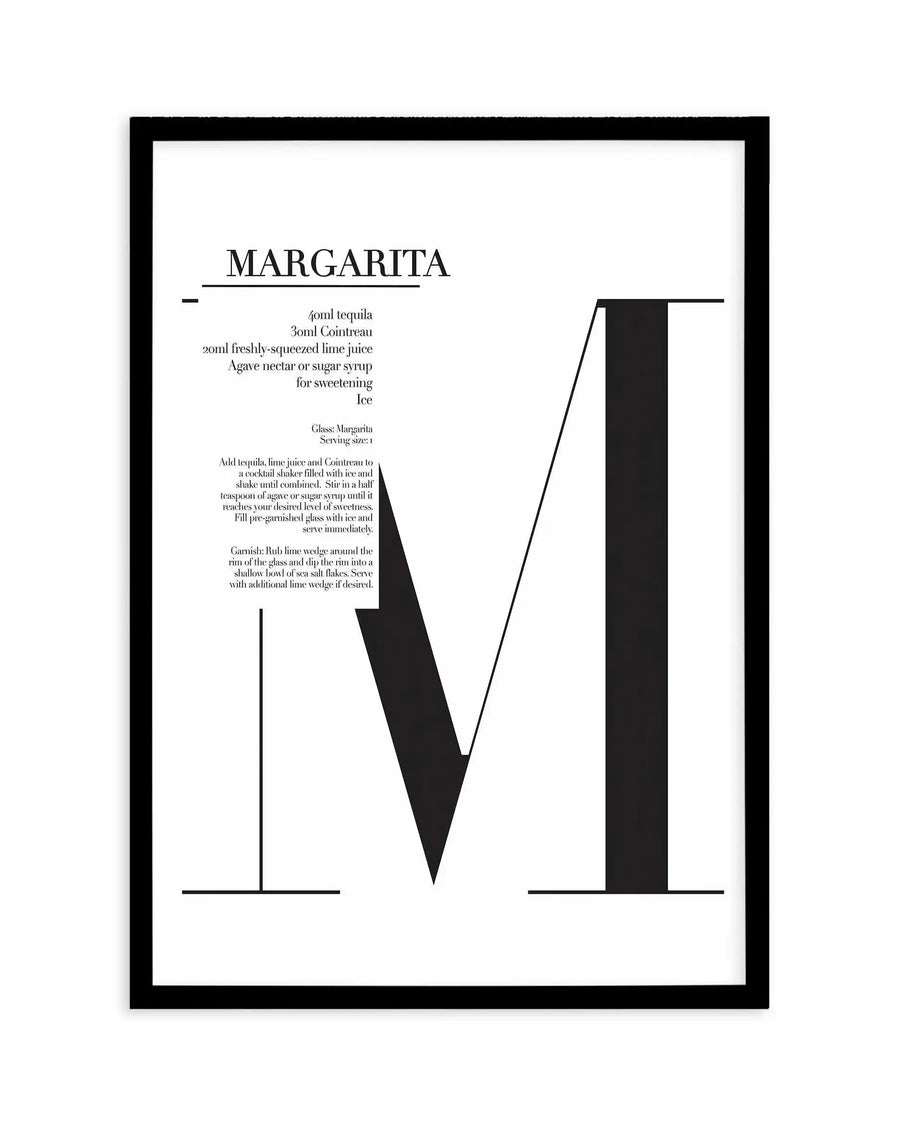 Black-framed art print on white background featuring minimalist geometric illustration of a margarita cocktail. The design uses bold black shapes and thin line work to depict a V-shaped glass with a tall rectangular pitcher beside it. Recipe and serving instructions printed in small black serif text in upper left, including ingredient list for 40ml tequila, 30ml Cointreau, and lime juice. Modern, high-contrast design with stark black and white color palette and clean typographic layout.
