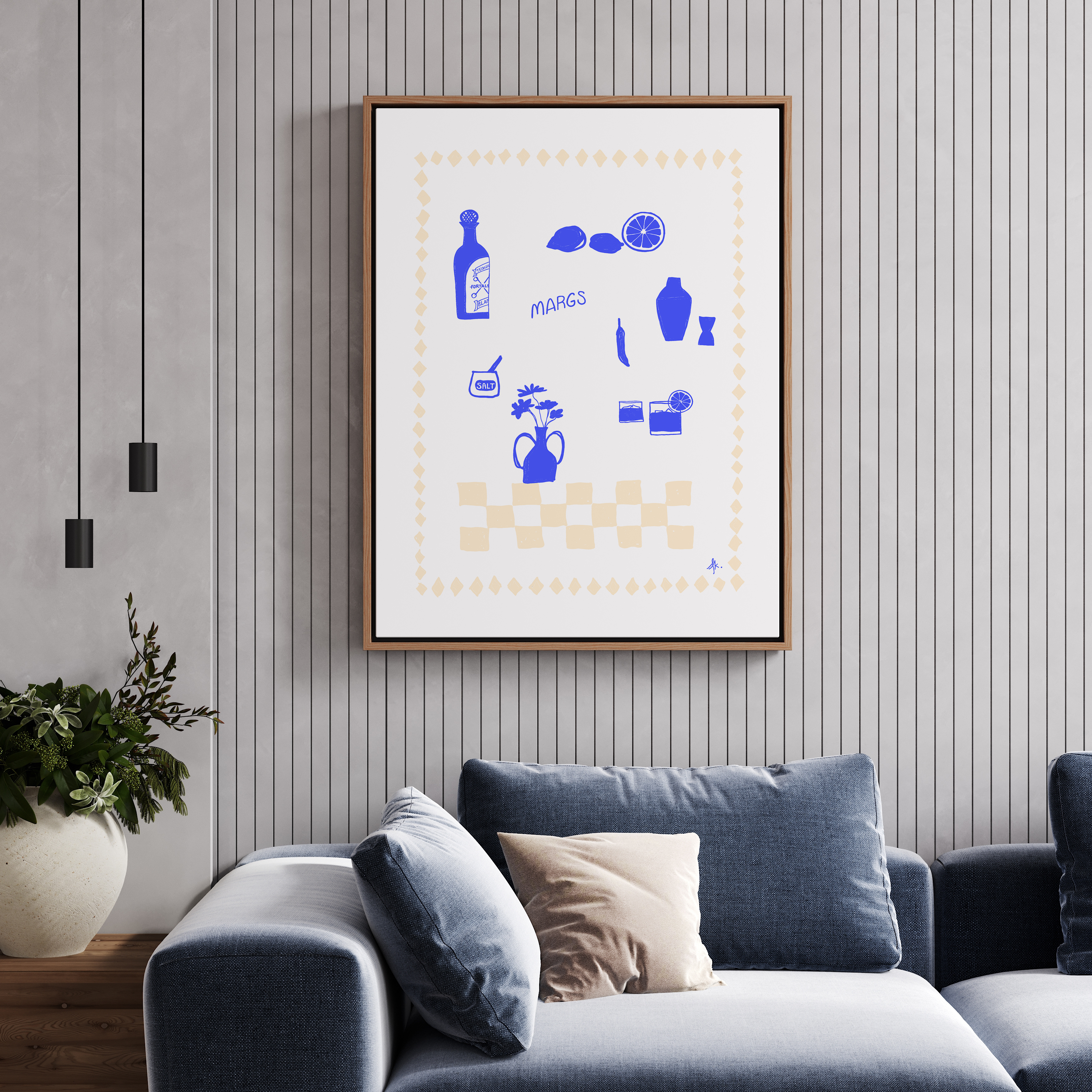 Margs Deep Blue Beige by Anne Korako | Framed Canvas Art Print