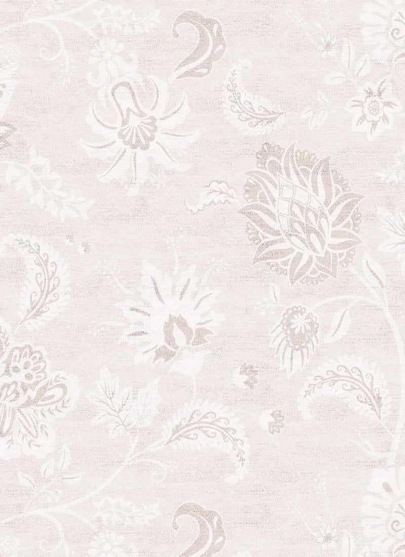 Marsielle in Vanilla Wallpaper displaying an all-over floral pattern on a soft cream background. Delicate botanical motifs in muted taupe and pale pink include full blooms, curling tendrils, seed pods, and scattered leaves rendered in a subtle, painterly style. The design has a linen-like texture with a slightly distressed, vintage aesthetic creating a sophisticated, understated botanical composition.
