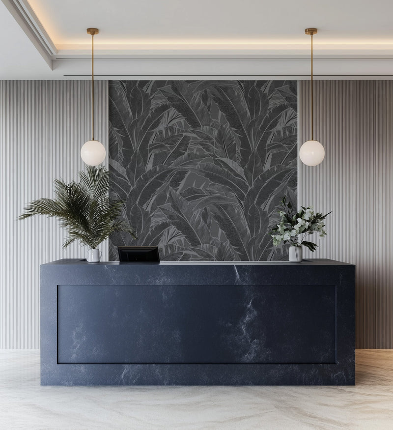 Maui in Charcoal Commercial Vinyl Wallcovering-Commercial Wallcoverings-Olive et Oriel-Luxury commercial-grade embossed and textured vinyl wallcovering durable fire-rated washable stain-resistant and customizable perfect for hotels offices retail childcare healthcare and hospital spaces vinyl wallpaper