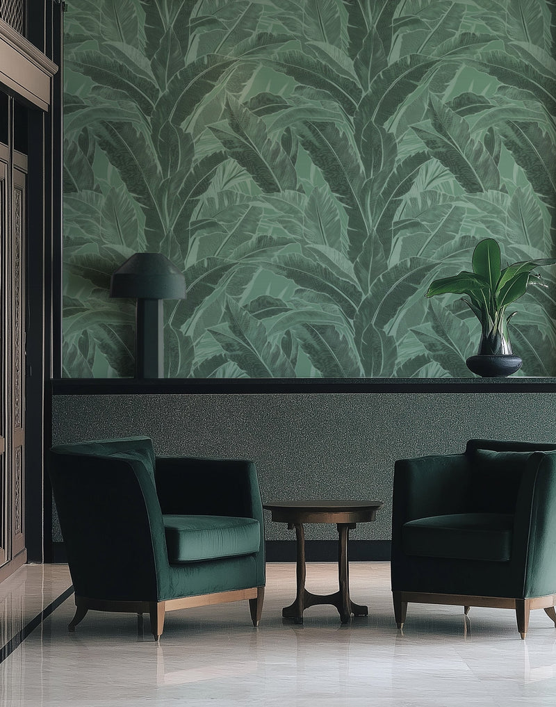 Maui in Dark Green Commercial Vinyl Wallcovering-Commercial Wallcoverings-Olive et Oriel-Luxury commercial-grade embossed and textured vinyl wallcovering durable fire-rated washable stain-resistant and customizable perfect for hotels offices retail childcare healthcare and hospital spaces vinyl wallpaper