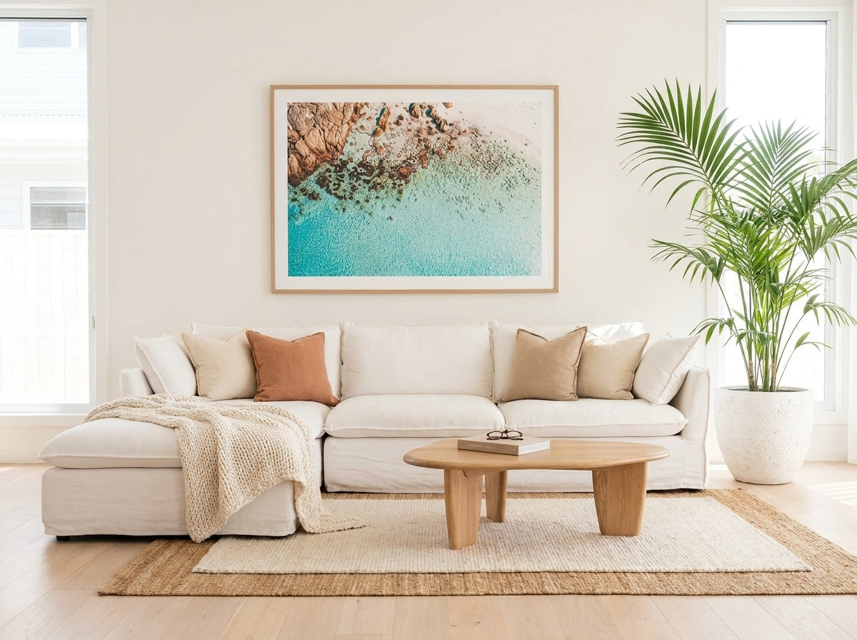Meelup LS framed photographic art print by Art of Flight Co styled extra large in a coastal Australian living space at Olive et Oriel